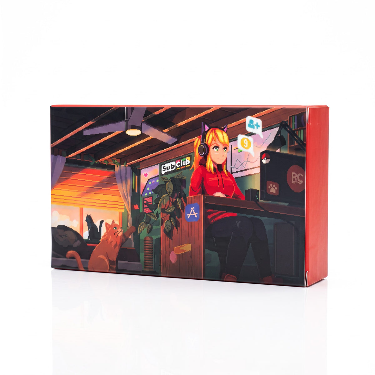 The RevenueCat Swag Store decorative box featuring a vibrant anime-style illustration of a gamer in a cozy room.