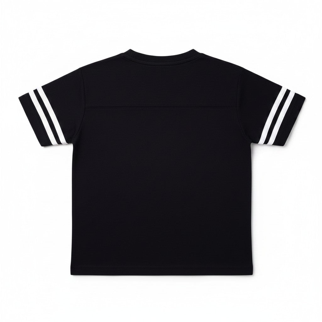 The RevenueCat Swag Store black short sleeve athletic t-shirt with white double-stripe detailing on the sleeves.
