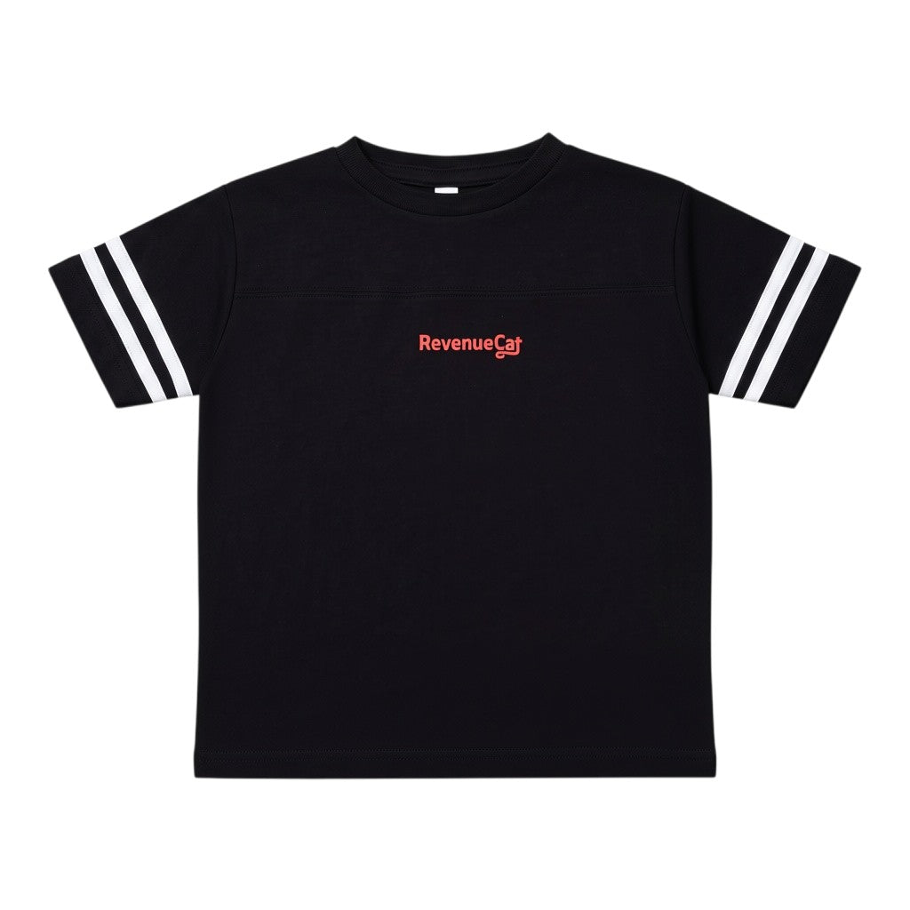 The RevenueCat Swag Store black crewneck t-shirt with white double-stripe sleeve details and red chest logo