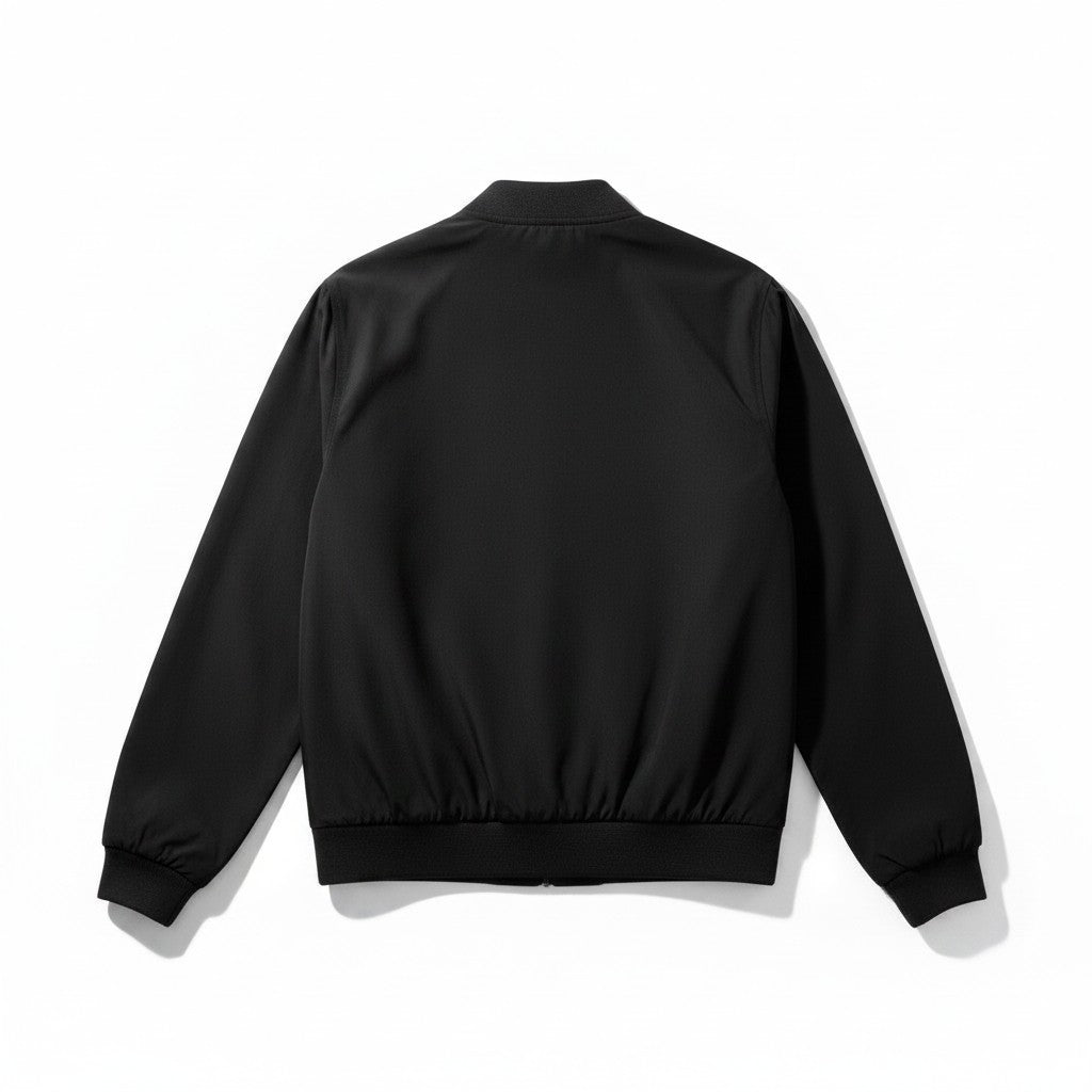 Back view of The RevenueCat Swag Store black lightweight bomber jacket with ribbed collar, cuffs, and hem.