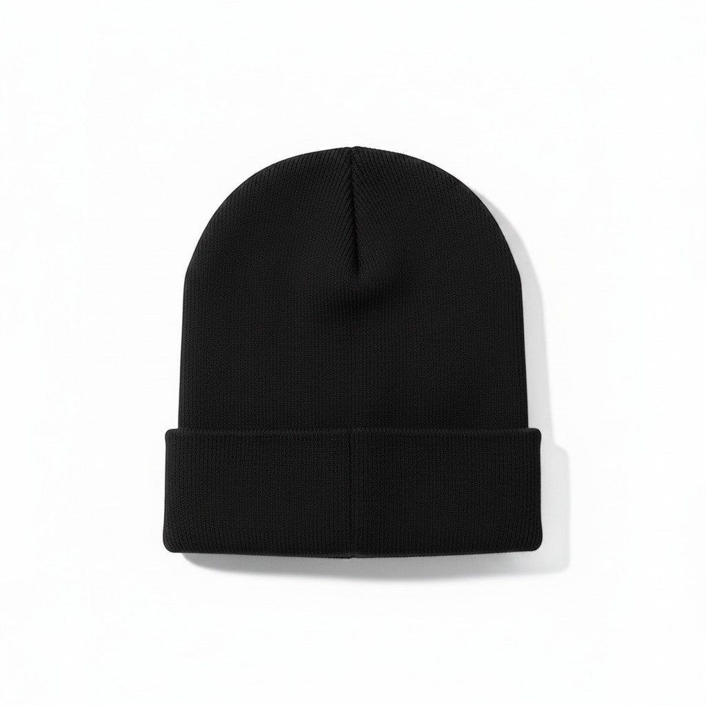 The RevenueCat Swag Store black cuffed knit winter beanie with a minimalist design.