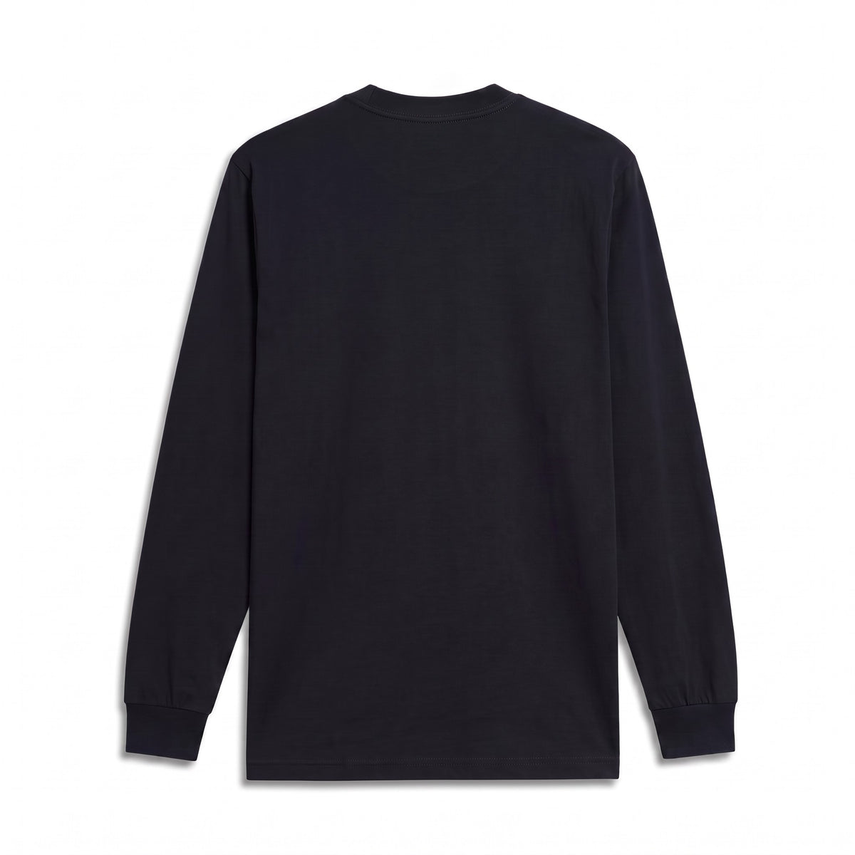 The RevenueCat Swag Store black long sleeve crewneck shirt with ribbed cuffs and neckline, back view.