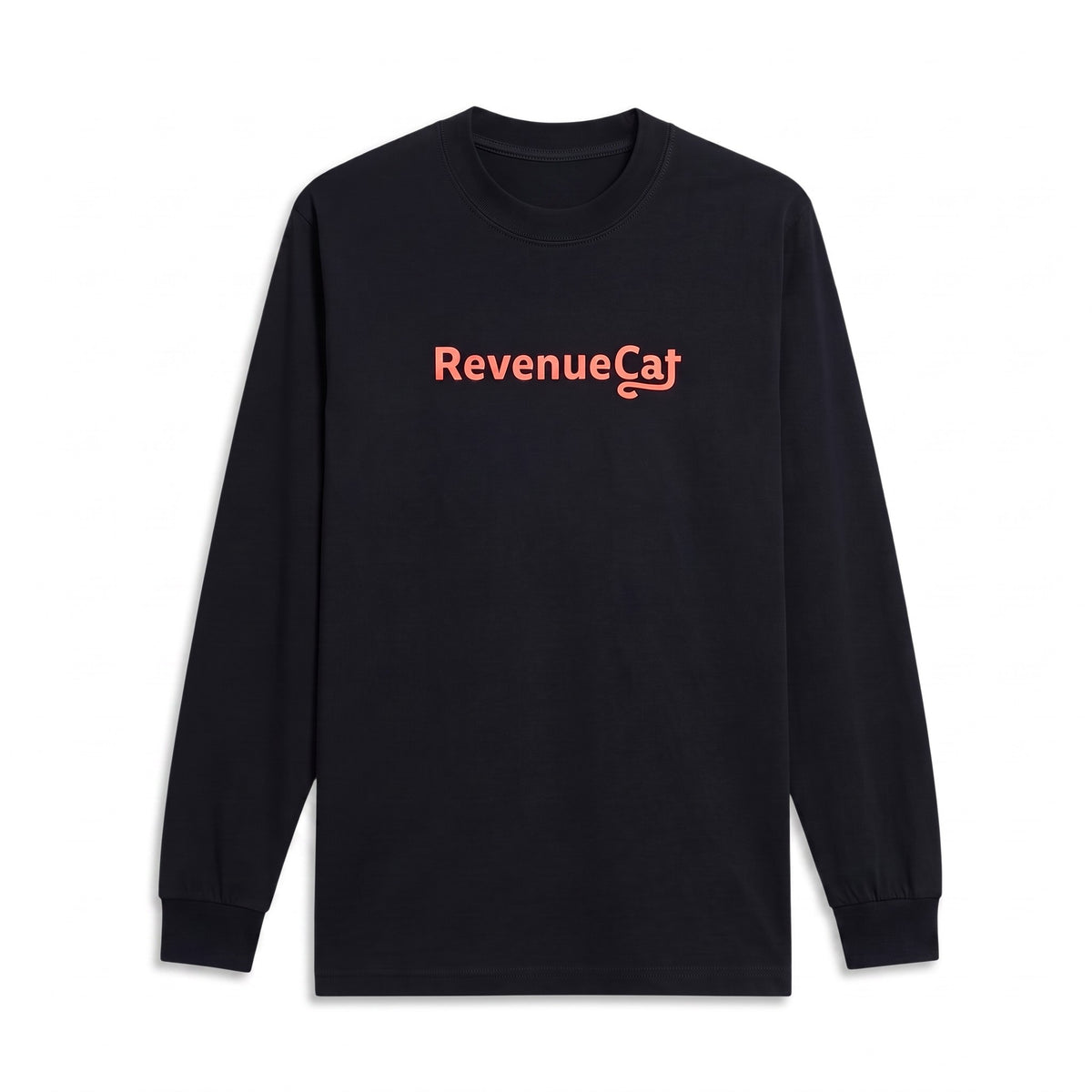 The RevenueCat Swag Store black long-sleeve crewneck shirt with a muted red branded graphic on the chest.