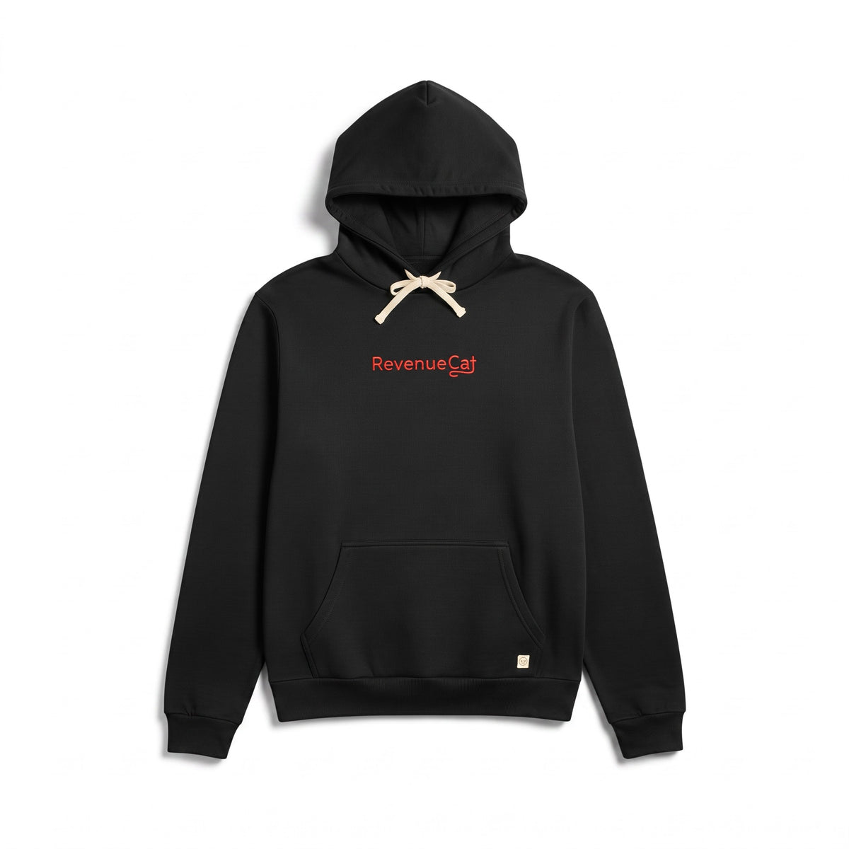 The RevenueCat Swag Store black pullover hoodie with red embroidered logo, drawstring hood, and kangaroo pocket.