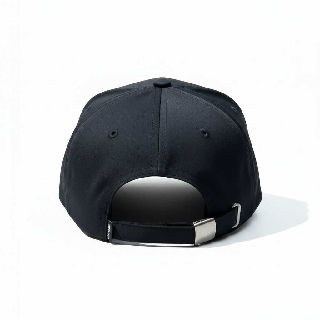 The RevenueCat Swag Store black structured snapback hat, rear view showing adjustable strap and metal buckle.