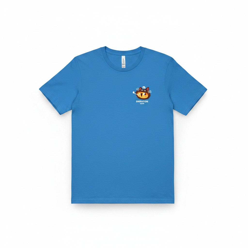 The RevenueCat Swag Store blue crewneck t-shirt featuring a small Shipaton 2026 cat graphic on the chest.