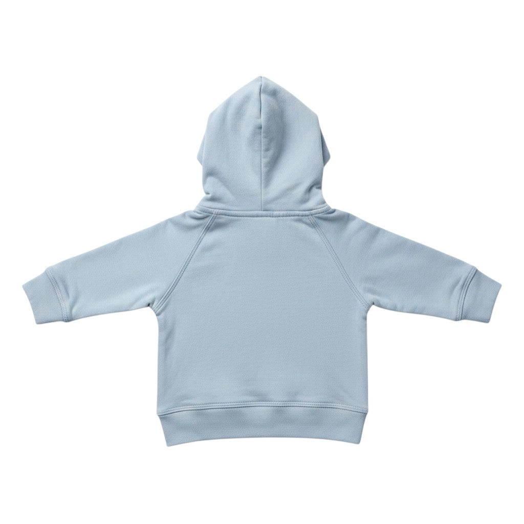 The RevenueCat Swag Store infant pullover hoodie in muted blue with a hood and ribbed cuffs, back view.