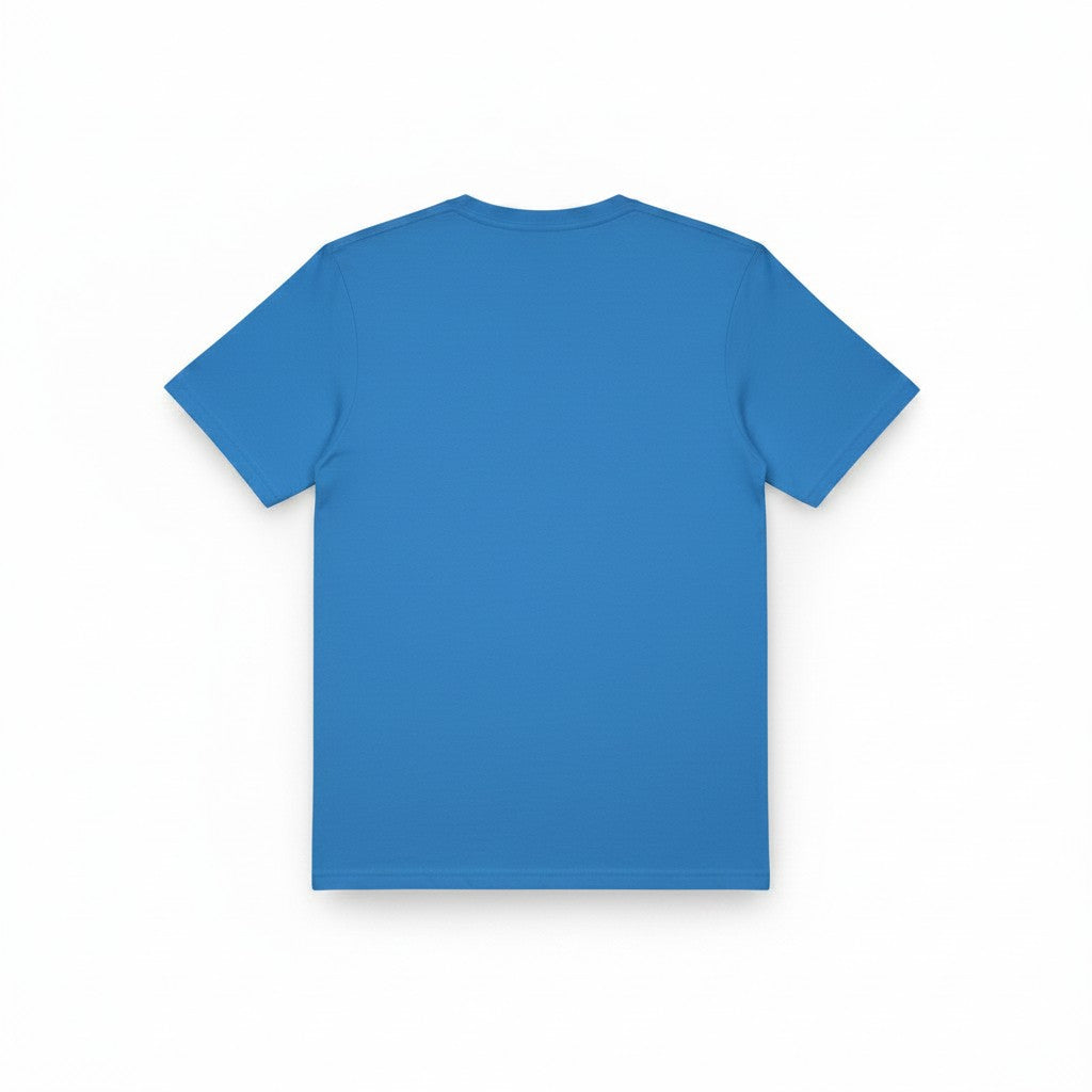 The RevenueCat Swag Store blue crewneck t-shirt, back view, showing a plain solid blue fabric design.