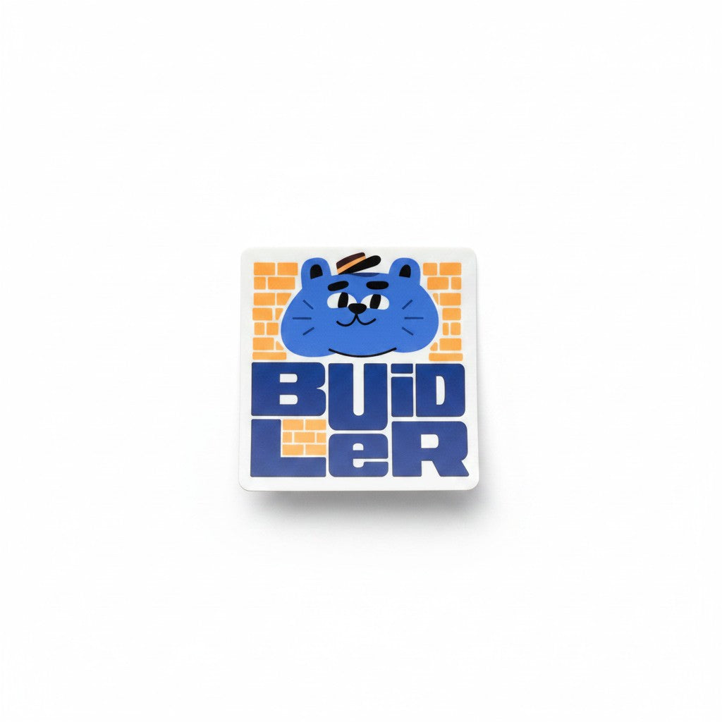 The RevenueCat Swag Store Builder cat vinyl sticker featuring a blue cat in a hard hat against a brick pattern.