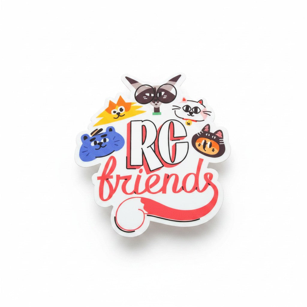 The RevenueCat Swag Store RC Friends vinyl sticker featuring colorful stylized cat illustrations and typography.