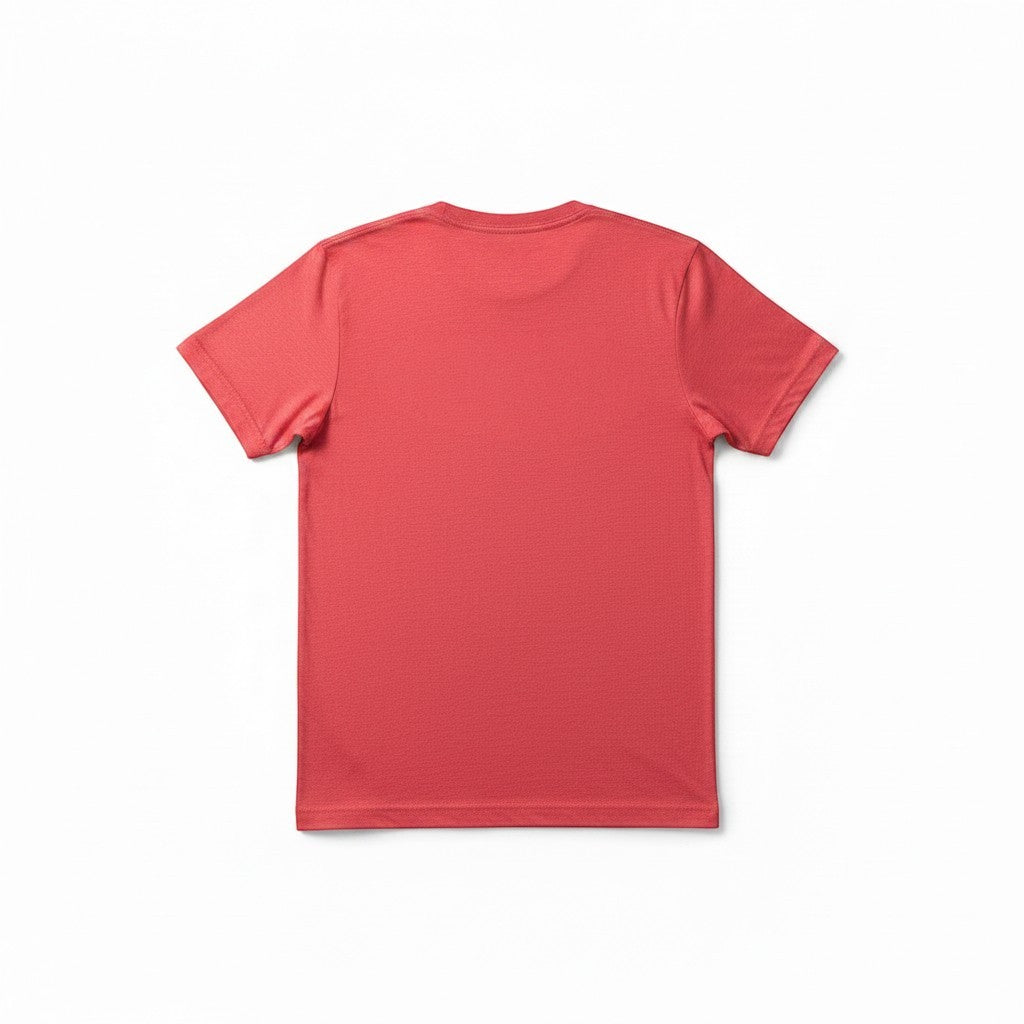 Back view of The RevenueCat Swag Store coral-red short sleeve crewneck t-shirt in soft heathered fabric.