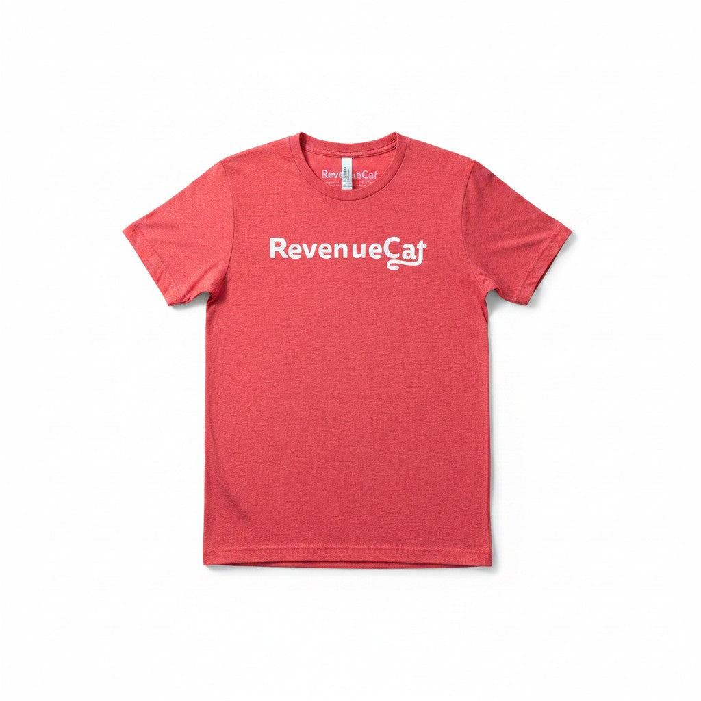 The RevenueCat Swag Store coral-red short sleeve crewneck t-shirt with a white logo on the chest.