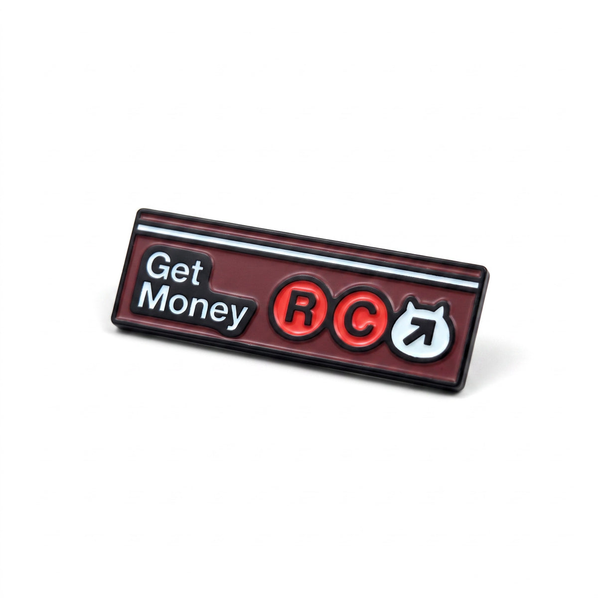 The RevenueCat Swag Store Get Money rectangular enamel lapel pin in dark red, black, and white with RC logo.