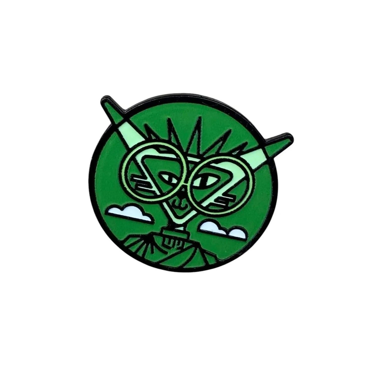 The RevenueCat Swag Store green alien enamel lapel pin featuring a character with glasses and clouds on a circular base