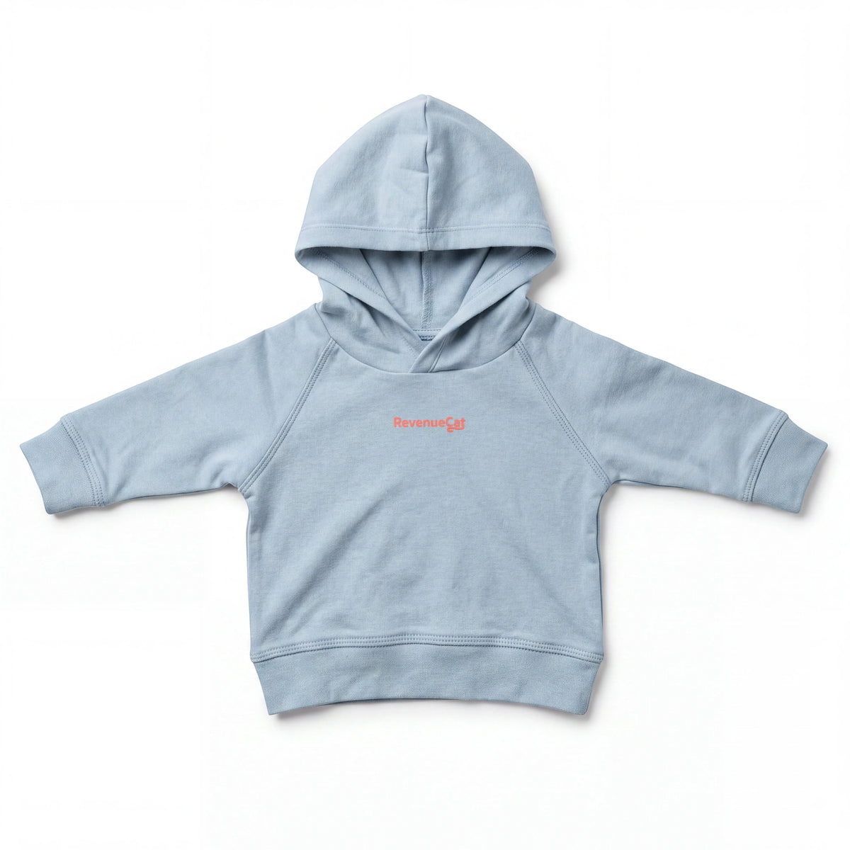 The RevenueCat Swag Store infant pullover hoodie in soft muted blue with ribbed cuffs and a small chest logo.