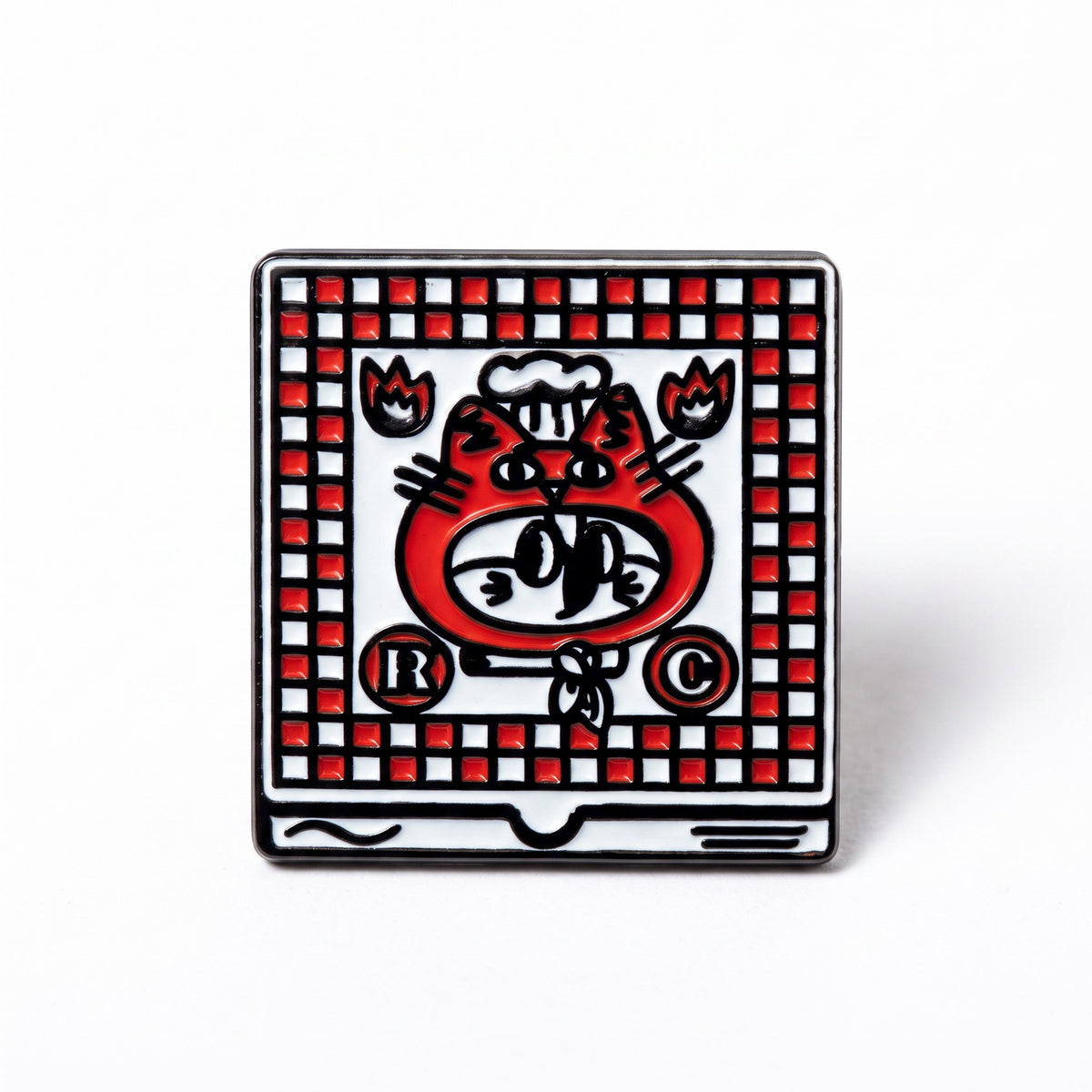 The RevenueCat Swag Store square enamel lapel pin featuring a cat chef in a red and white checkered pizza box design.