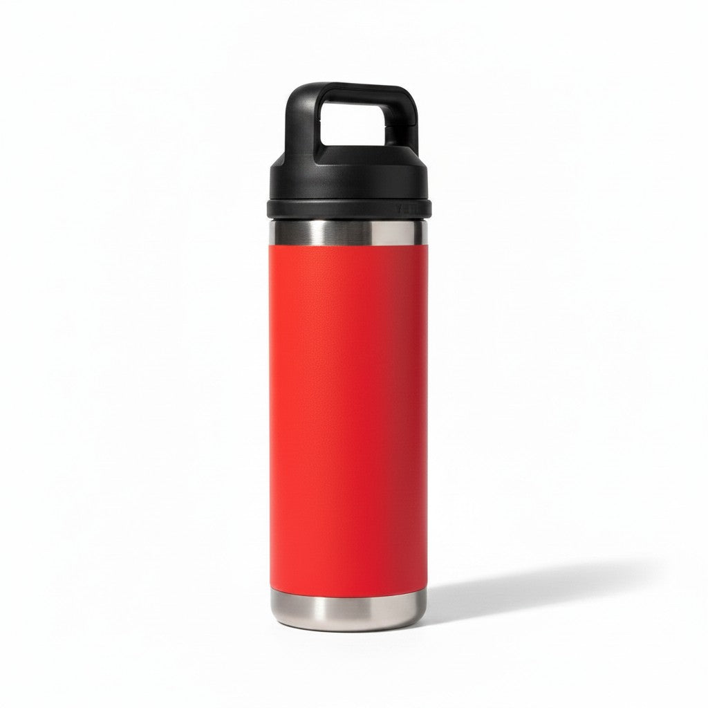 The RevenueCat Swag Store red insulated stainless steel beverage bottle with a black leak-resistant carry handle.