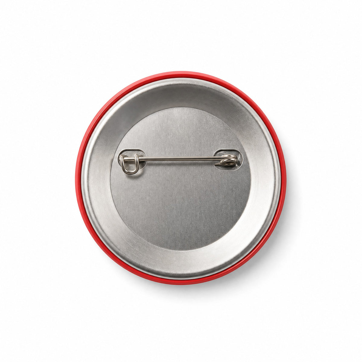 The RevenueCat Swag Store red round pinback button showing the metal pin mechanism on the back
