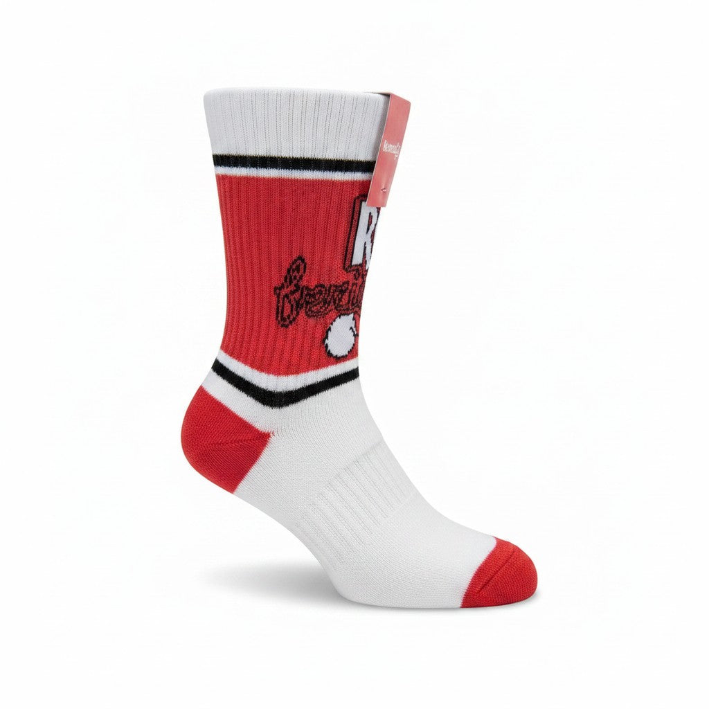 The RevenueCat Swag Store red and white crew socks with KC friends graphic, reinforced heel and toe, and ribbed cuff.