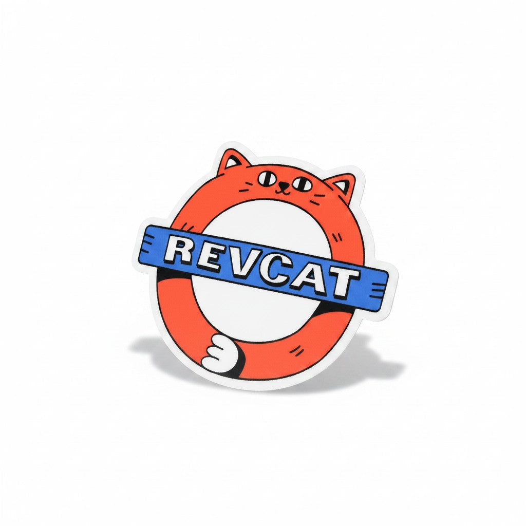 The RevenueCat Swag Store round vinyl sticker featuring a stylized orange cat and a blue banner with Revcat text.