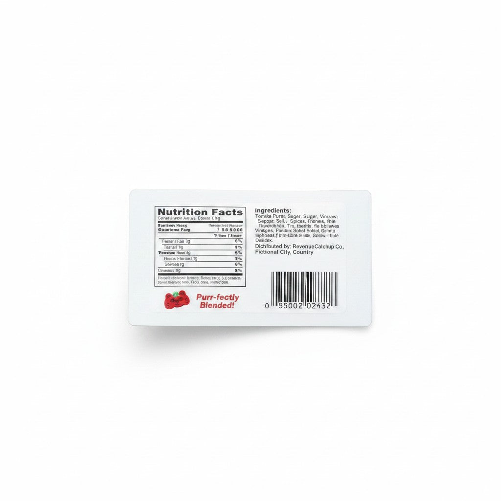 The RevenueCat Swag Store rectangular vinyl sticker featuring a white nutrition facts label with red cat graphic.