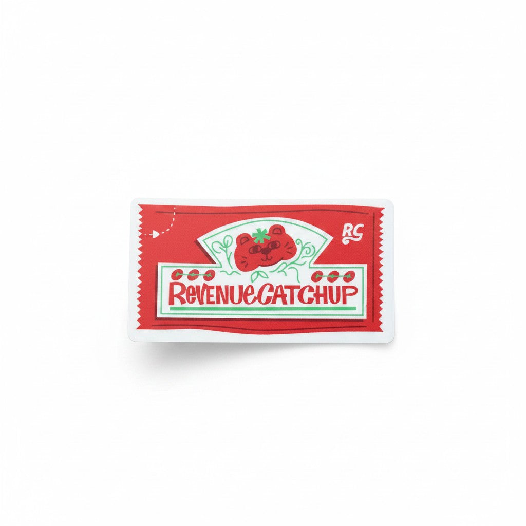 The RevenueCat Swag Store rectangular vinyl sticker featuring a red, white, and green cat-themed condiment label design.