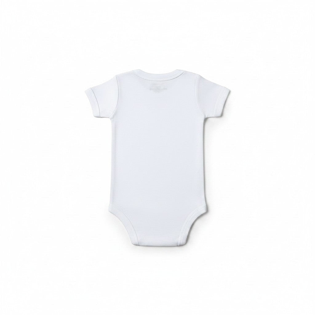 The RevenueCat Swag Store white cotton infant bodysuit, back view showing plain design and envelope neckline.