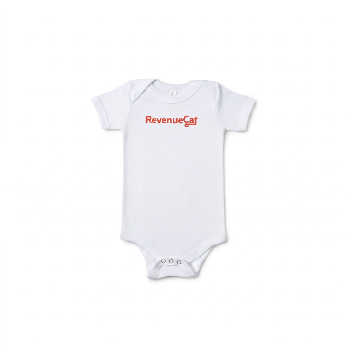 The RevenueCat Swag Store white cotton infant bodysuit with a red logo on the chest and three-snap bottom closure.